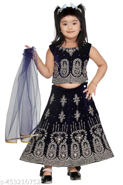 Navy Blue Velvet Lehenga Choli for Kid Girls - Embroidered and Sleeveless, India-origin