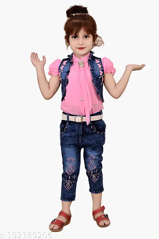 Kid's clothing combo set with pink shirt and blue jeans, child's fashion