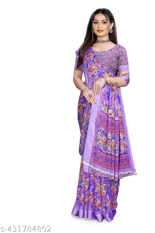 Purple georgette digital print saree with satin border, unstitched blouse, long 5 meter length