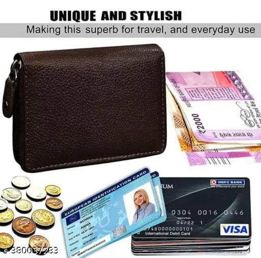 Dark brown PU leather card holder wallet with 9 slot and zipper coin purse for men and women, 2 compartments, solid pattern, free size (11cm x 8cm), made in India