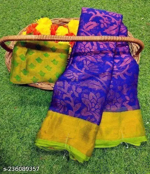 Chiffon Brasso floral small border saree - elegant, printed chiffon blouse with delicate embellishments, free size