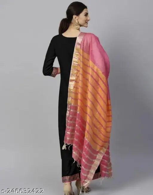 Black cotton slub fabric Kurta set with Duptta and bottomwear - Indian traditional outfit made of cotton blend and nylon, solid pattern, three-quarter sleeves, single size available