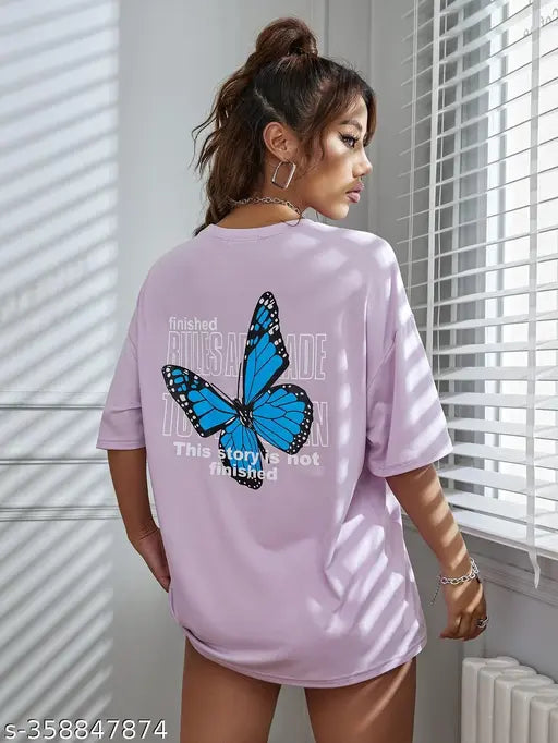 Oversized women's t-shirt, purple, butterfly graphic on back