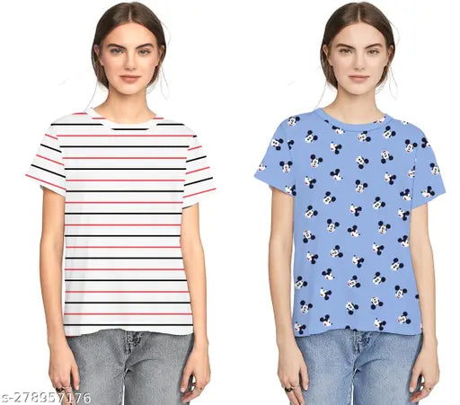 Women's digital print t-shirt with blue and white Minnie Mouse design