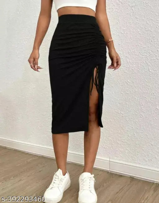 Trendy stylish side-cut cotton black skirt for women, self-design net pattern, India-made fashion item in size 26, 28, 30