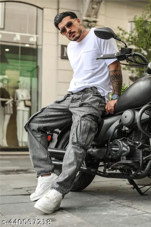 Denim baggy jeans for men, solid style in sizes 30, 32, 34, 36. Made in India." (125 characters)