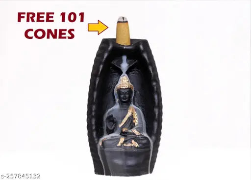 7cm x 13cm Polyresin Buddha Statue with 101 Backflow Incense Cones, Indian-crafted home decor showpiece for living room or bedroom