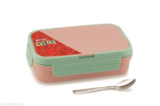 Nabhya 2 Compartment Stainless Steel Lunch Box for School with Steel Spoon 2 Containers Lunch Box (600 ml)