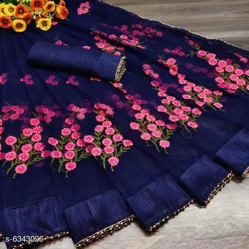 Pink soft net saree with floral embroidery and unstitched blouse piece, Indian designer party wear