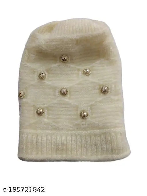 Soft white fur winter beanie cap with snow-proof lining and gold sequin embellishments