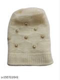 Soft white fur winter beanie cap with snow-proof lining and gold sequin embellishments