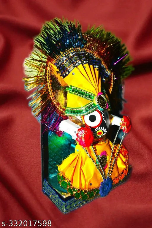 Handicraft Lord Jagannath plastic multi-color murti on wooden base, 23cm tall