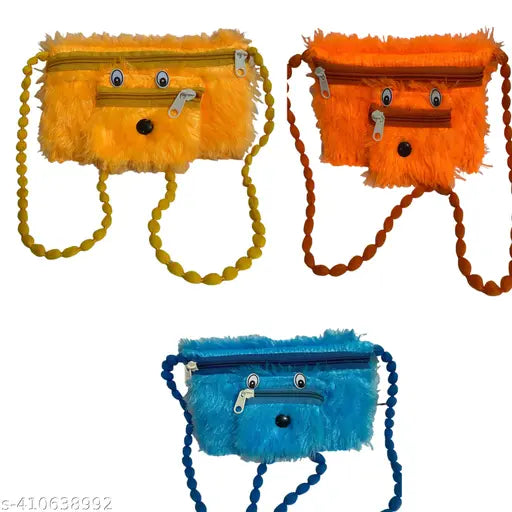 Multi-colored (red, orange, blue) faux fur mini handbags set of three, cross body style with zip closure