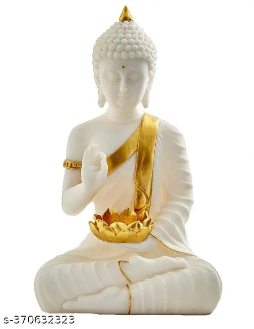White polystone Buddha statue, intricately handcrafted home decor showpiece by SN Handicrafts