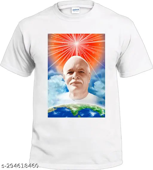 Printed polyester Brahma Baba "Om shanti" t-shirt, short sleeves, vibrant design, India origin