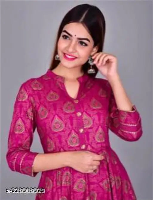 Pink gold print maxi dress with frill sleeves, for women, festive attire.