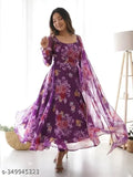 Purple floral printed Georgette gown with dupatta and lace bottom for women's parties, weddings, or festivals. Available in various sizes from S to XXXL. Hand wash recommended. Made in India