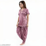 Satin night suit set for women and girls, perfect for summer. Solid-patterned sleepwear from MANOJ ENTERPRISES