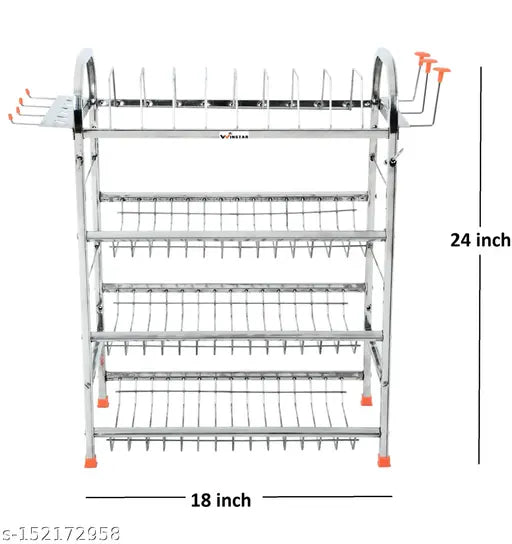 Stainless steel 4 shelf kitchen rack with mini chopper. Dish rack with plate and cutlery stand. Plastic compact vegetable chopper, 350 ml. Kitchen organizer, 24 x 18 inch. Mini chopper combo offer
