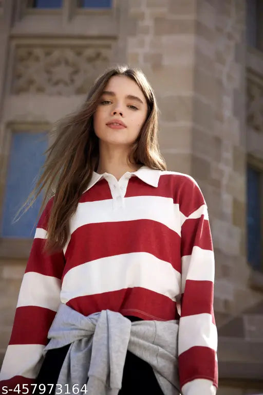 Multicolor striped polo neck t-shirt, pure cotton with short sleeves, vibrant and stylish women's wear