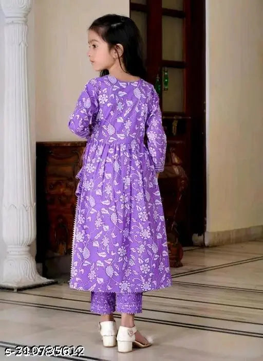 Rayon and cotton blend girls' kurta suit set with dupatta, featuring printed patterns and three-quarter sleeves - India