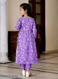 Rayon and cotton blend girls' kurta suit set with dupatta, featuring printed patterns and three-quarter sleeves - India