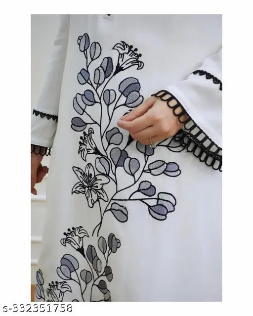 Rayon floral embroidered and printed A-line kurta with rayon pants, three-quarter sleeves set in latest Indian design for women