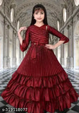 Soft silk full-length gown for girls party wear, three-quarter sleeves, solid pattern, cotton fabric