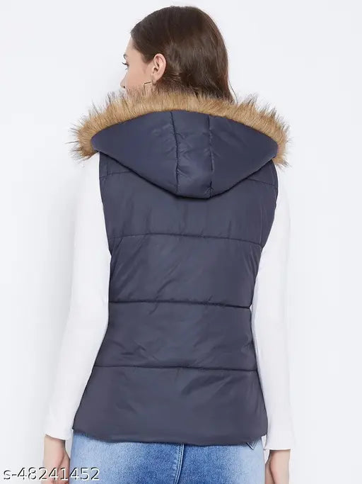 Navy sleeveless solid parka jacket, women's Vero Amore winter wear in polyester, quilted with polyfill and detachable faux fur hood, 3 pockets total (1 inside, 2 outside)