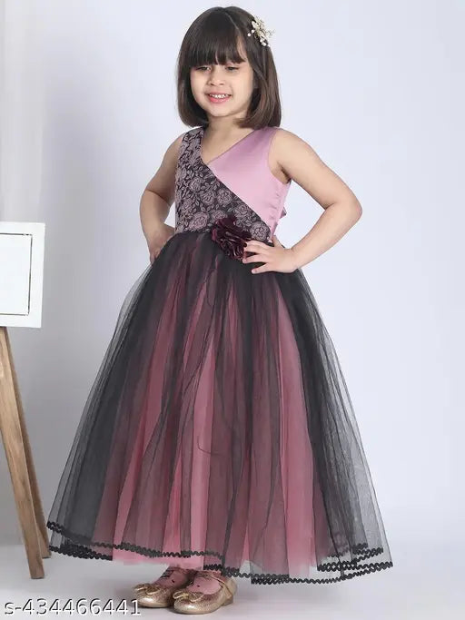 Black floral print full length dress for young girls