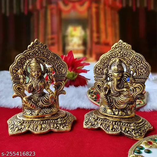 Gold-plated Lakshmi Ganesh set, decorative showpiece for home and gift purpose (14.5 cm Metal)