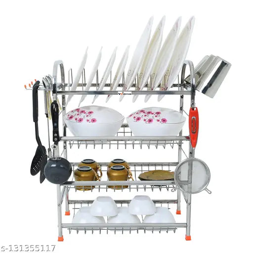 Stainless steel kitchen utensil rack with four shelves, accommodating dishware and cookware. Includes plate rack and cutlery holder. Modular design for versatile storage options. Wall mountable for efficient space utilization
