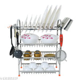 Stainless steel kitchen utensil rack with four shelves, accommodating dishware and cookware. Includes plate rack and cutlery holder. Modular design for versatile storage options. Wall mountable for efficient space utilization