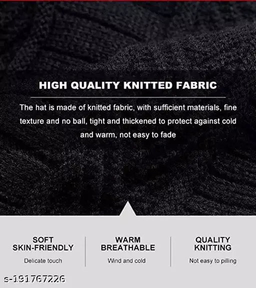 Black woolen beanie cap with faux fur inner side and neck muffler, unisex winter combo set