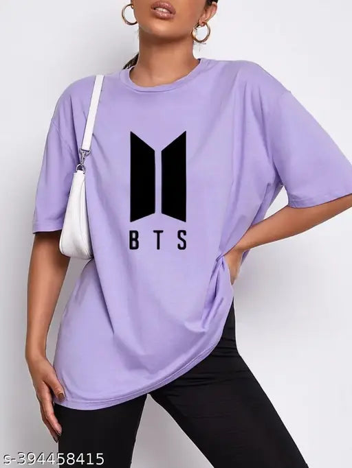 Purple oversized t-shirt with black BTS logo, woman's casual wear