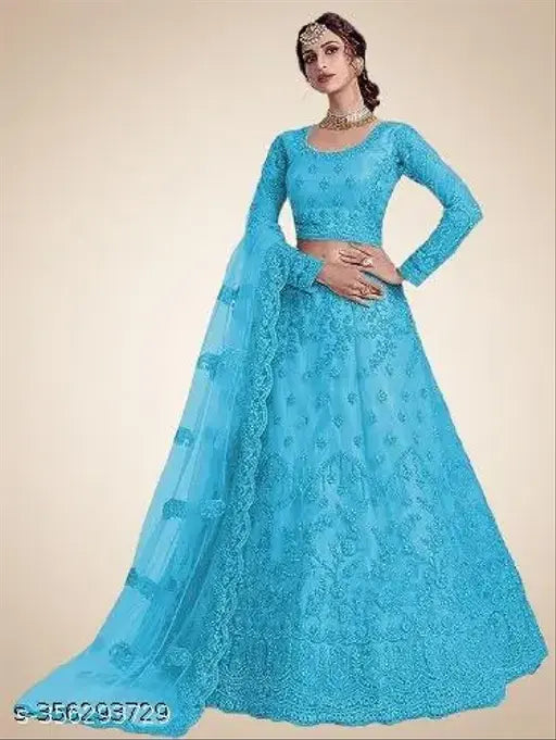 Semi-stitched Indian lehenga choli set in net fabric with embroidery, 44m waist, 42m length, 2.2m dupatta