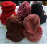 Maroon knit winter hats with small red pom-poms, in various sizes and styles
