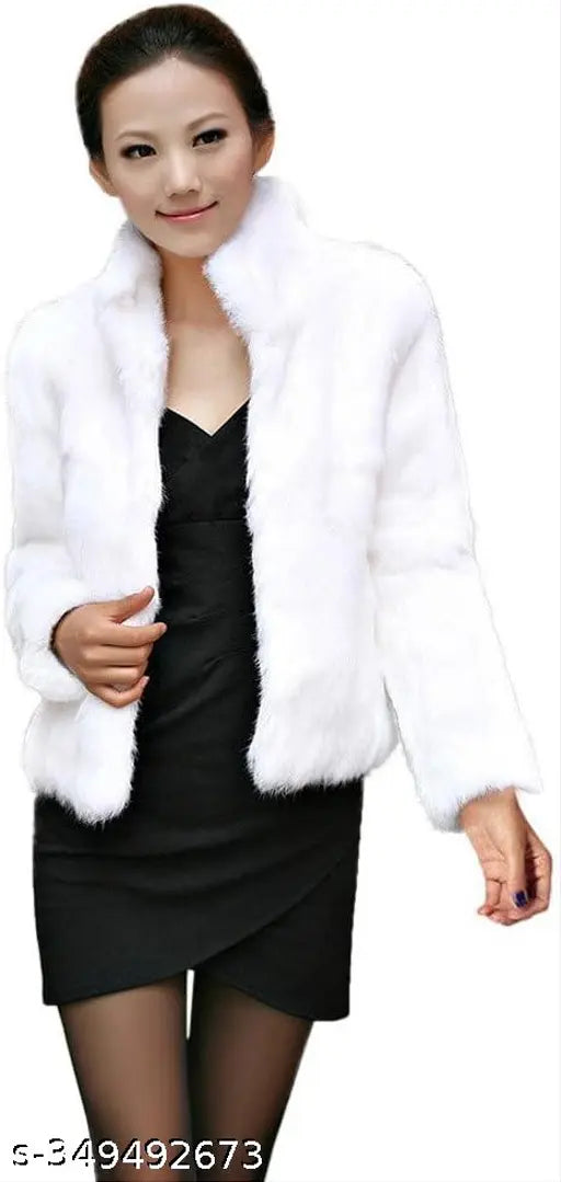 White crazy fur SCR wool winter coat, long sleeves, solid design, size S (bust 36in, length 27in)