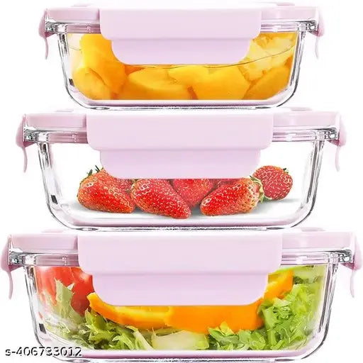 Transparent glass food storage containers, oven-safe, microwave-safe, freezer-safe, with detachable locks set of 3 in rectangular shape with lids, 400ml, 600ml, 800ml
