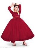 Elegant net children's party dress, intricately detailed princess gown for kids formal wear, Eighteen.Creation Indian new gown with long sleeves and solid pattern