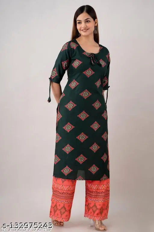DarkGreen Rayon Printed Kurta set with Palazzos - Latest Design by Zeenat Libaas