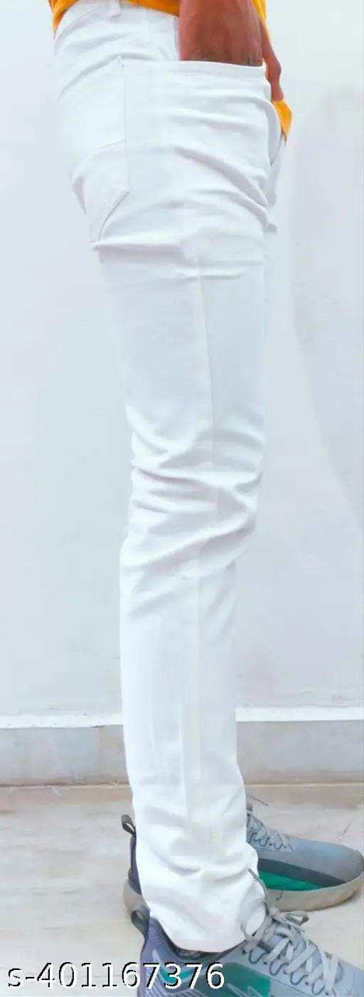 Men's white denim plain jeans, solid pattern, size 28, 30, or 32 for a classic fit from India