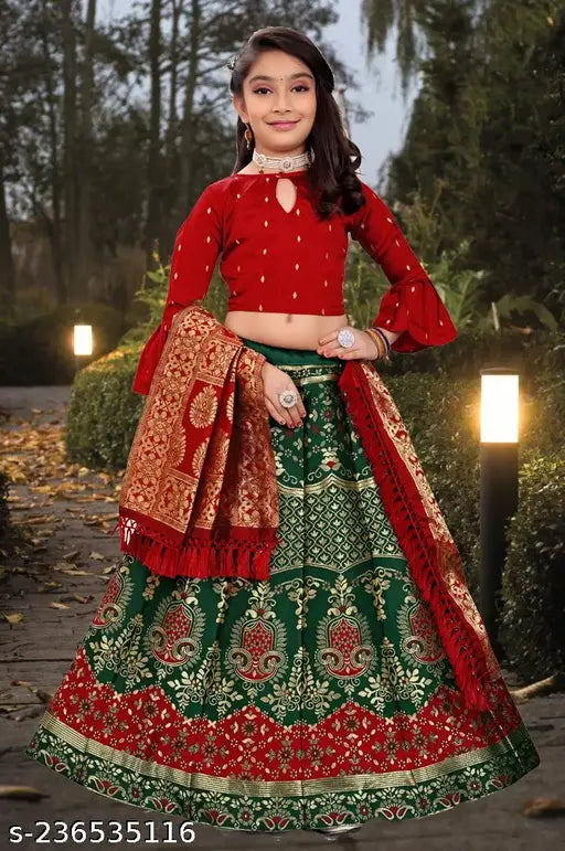 Bamboo & Jacquard Kids Nafiza Lengha 02 with long sleeves, zari woven pattern, India-origin ethnic wear