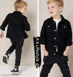 Black cotton jean jacket for kid boys, styled with black converse sneakers