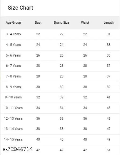 Girls partywear sleeveless maxi dress gown size chart with brand name and waist measurement options