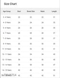 Girls partywear sleeveless maxi dress gown size chart with brand name and waist measurement options