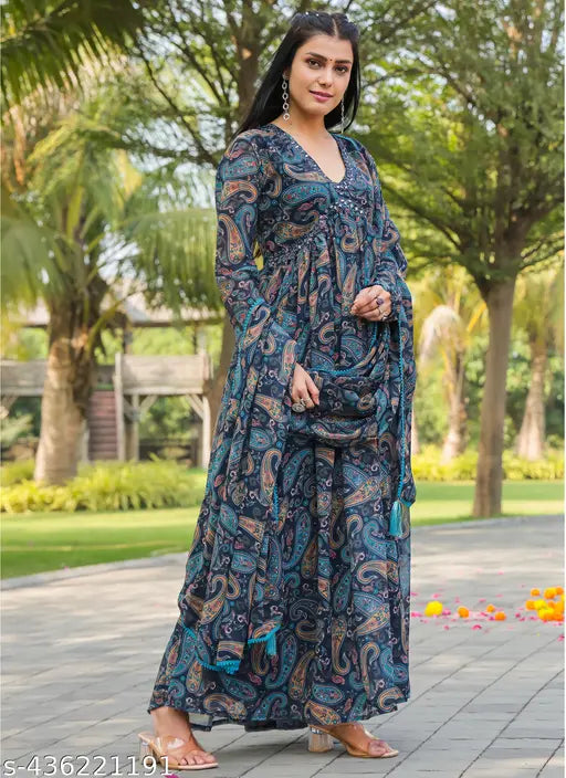 Navy blue georgette gown with dupatta, printed design, long sleeves, V-neck, full length, suitable for festivals or parties