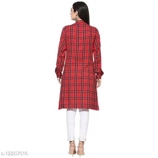 Women's cotton checkered front pocket tunic, long sleeves, printed pattern, size S (bust 36in, length 40in), made in India