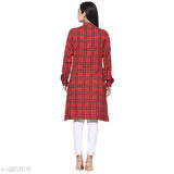 Women's cotton checkered front pocket tunic, long sleeves, printed pattern, size S (bust 36in, length 40in), made in India