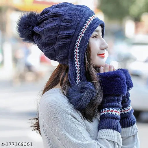 AlexVyan winter combo cap and gloves, soft and warm fur woolen beanie cap with gloves for women girl in white